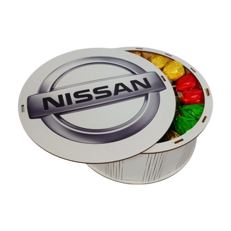 "Запаска справжнього автомобіліста Nissan" Дерев'яний бокс з солодощами №321, 1 кг, (21х21х9см)